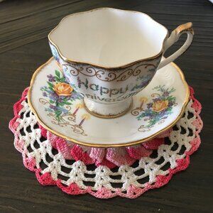 Queen Anne England Bone China Happy Anniversary Teacup Saucer Gold Trim